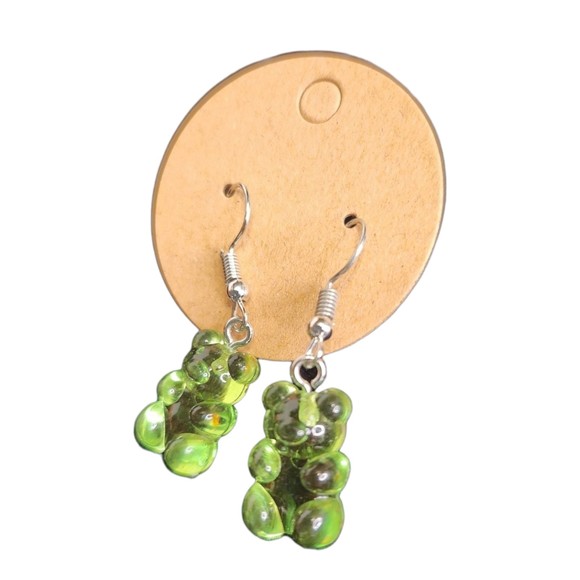 Sweet and Playful Green Gummy Bear Dangle Earrings: Wire Hook Backings - Picture 2 of 2